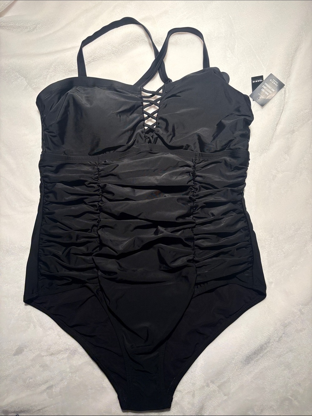 Black Ruched One-Piece Swimsuit with Lattice Front Straps